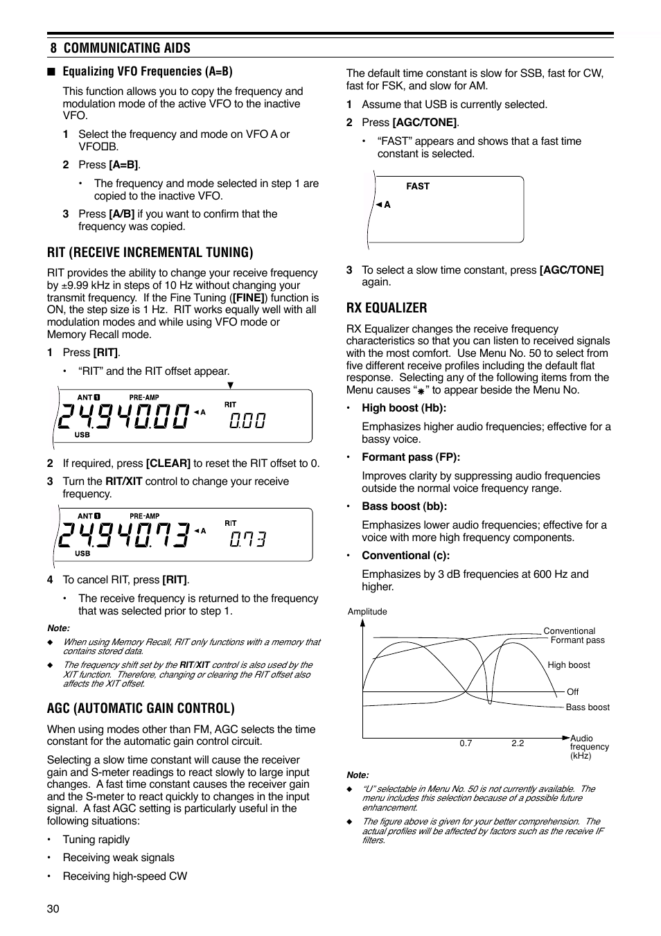 8 communicating aids, Rit (receive incremental tuning), Agc (automatic gain control) | Rx equalizer | Kenwood TS-570S User Manual | Page 36 / 89