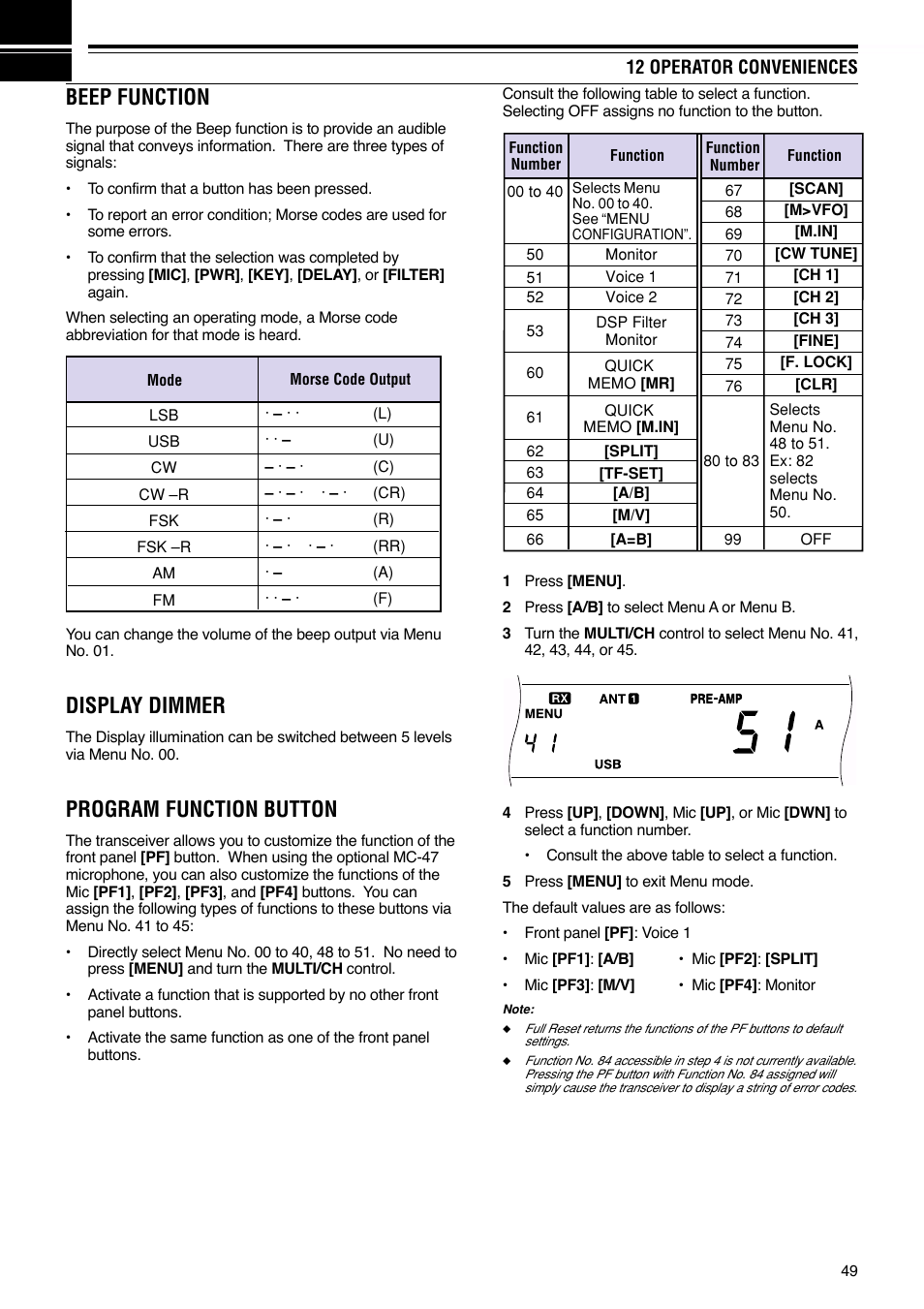 Beep function, Display dimmer, Program function button | Kenwood TS-570S User Manual | Page 55 / 89