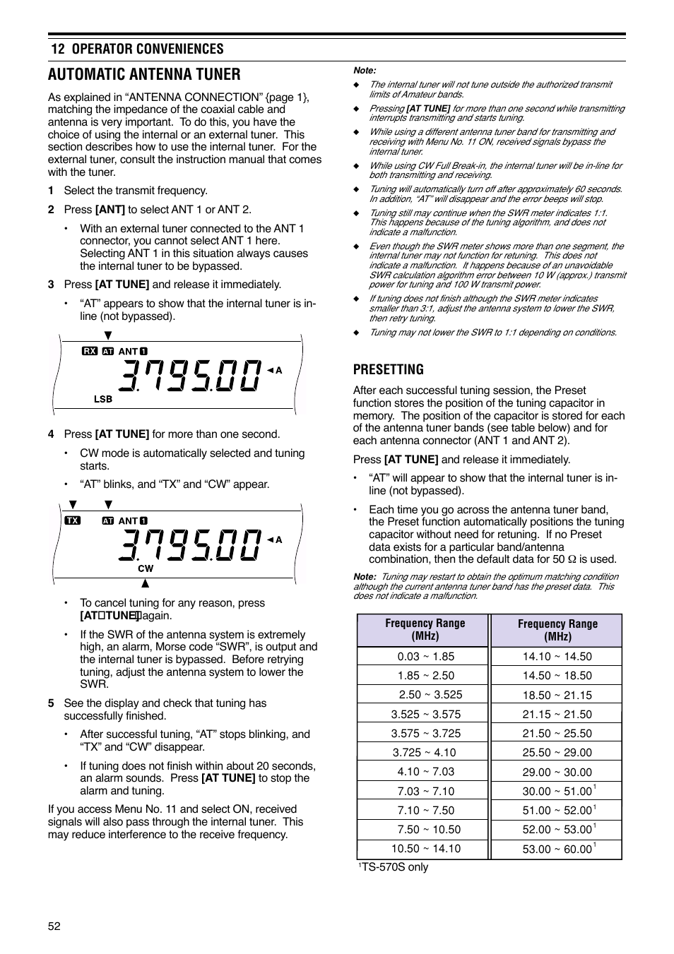 Automatic antenna tuner, 12 operator conveniences, Presetting | Kenwood TS-570S User Manual | Page 58 / 89