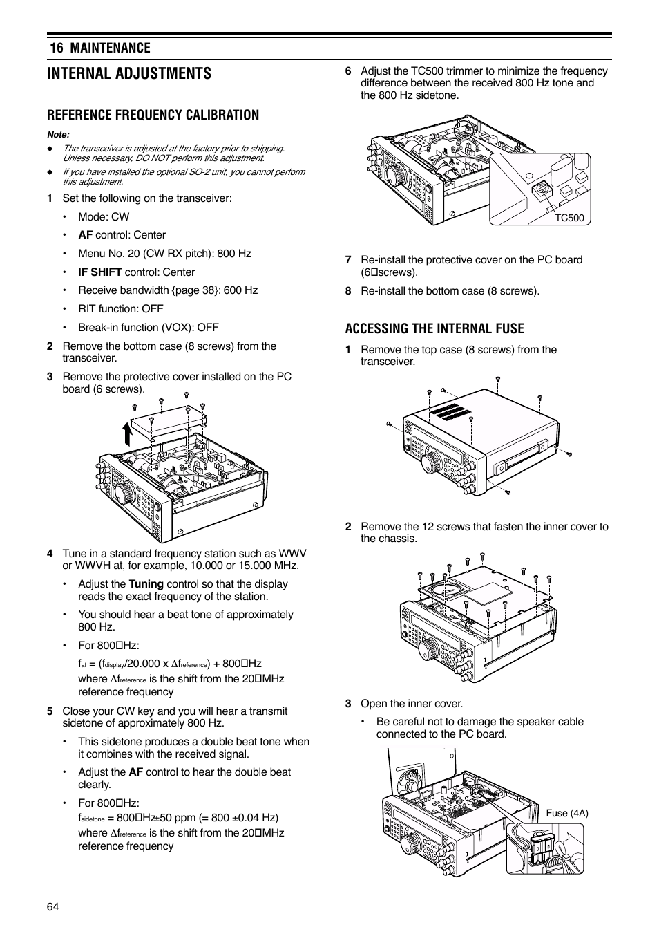 Internal adjustments, Accessing the internal fuse, 16 maintenance | Reference frequency calibration | Kenwood TS-570S User Manual | Page 70 / 89