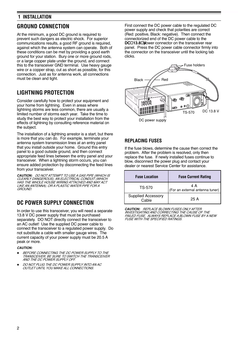 Ground connection, Lightning protection, Dc power supply connection | Replacing fuses, 1 installation | Kenwood TS-570S User Manual | Page 8 / 89