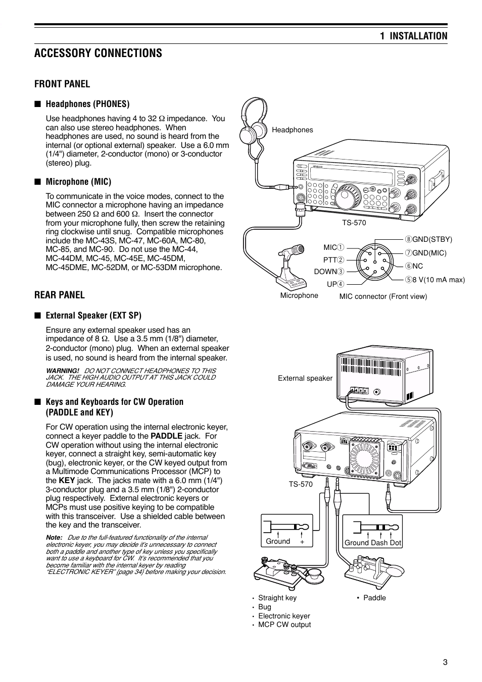 Accessory connections, 1 installation, Front panel | Rear panel | Kenwood TS-570S User Manual | Page 9 / 89