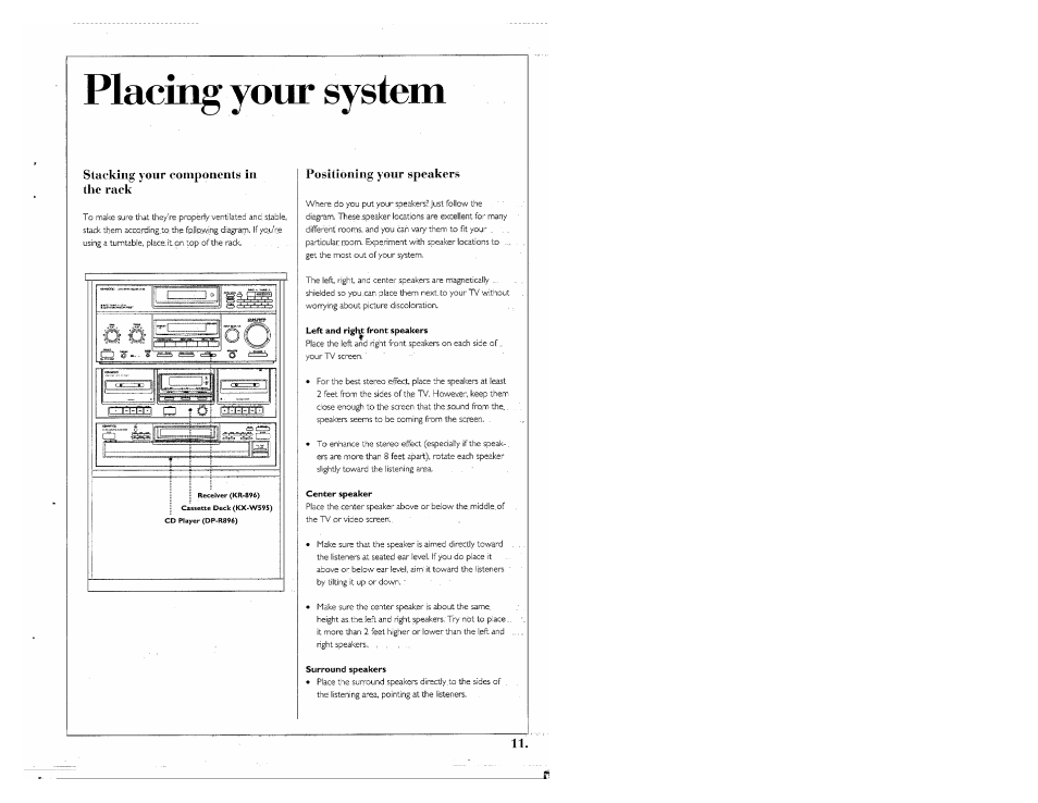 Placing your system, Stacking your components in the rack, Positioning your speakers | Kenwood SPECTRUM 755 AV User Manual | Page 11 / 28