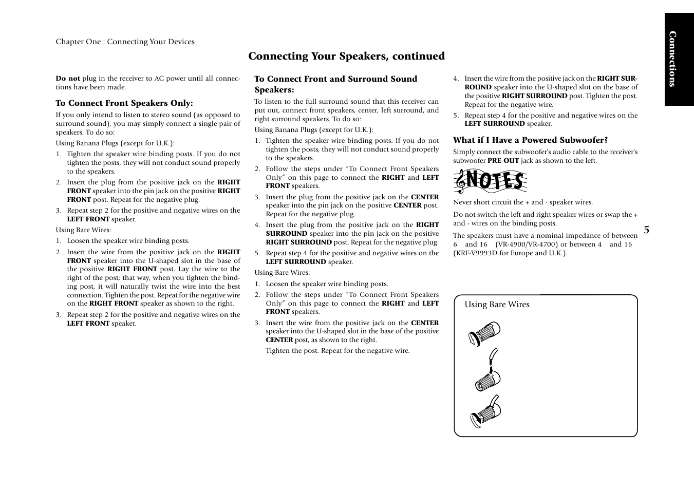 To connect front speakers only, To connect front and surround sound speakers, What if i have a powered subwoofer | Connecting your speakers, continued, Connections | Kenwood KRF-V9993D User Manual | Page 11 / 62