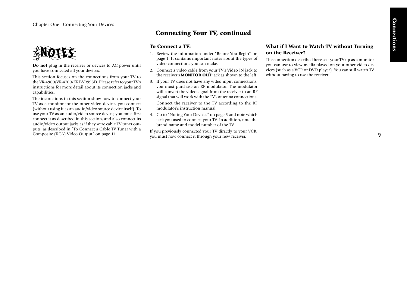 To connect a tv, Connecting your tv, continued | Kenwood KRF-V9993D User Manual | Page 15 / 62