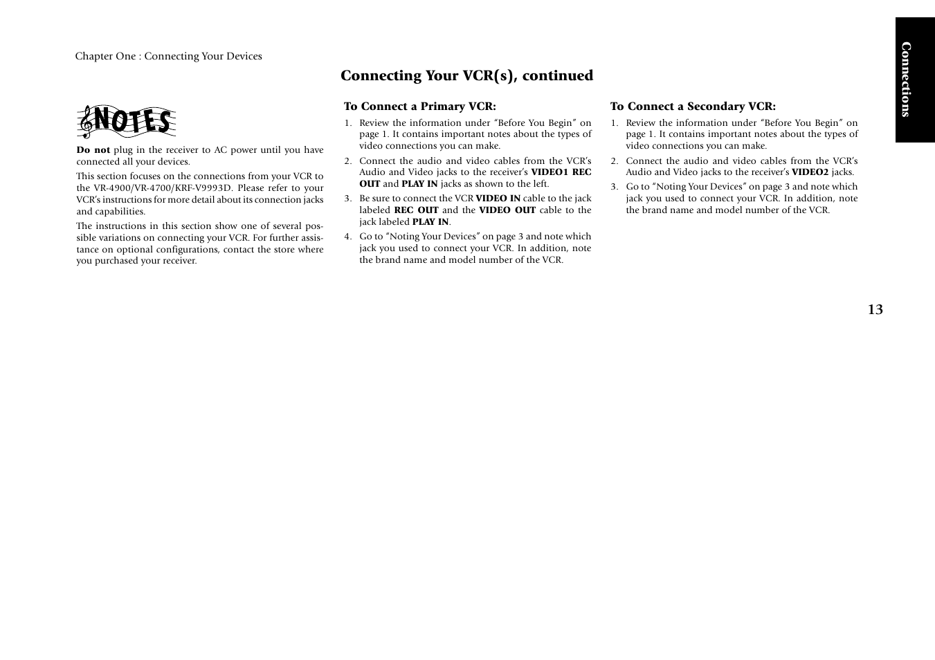 To connect a primary vcr, To connect a secondary vcr, Connecting your vcr(s), continued | Kenwood KRF-V9993D User Manual | Page 19 / 62