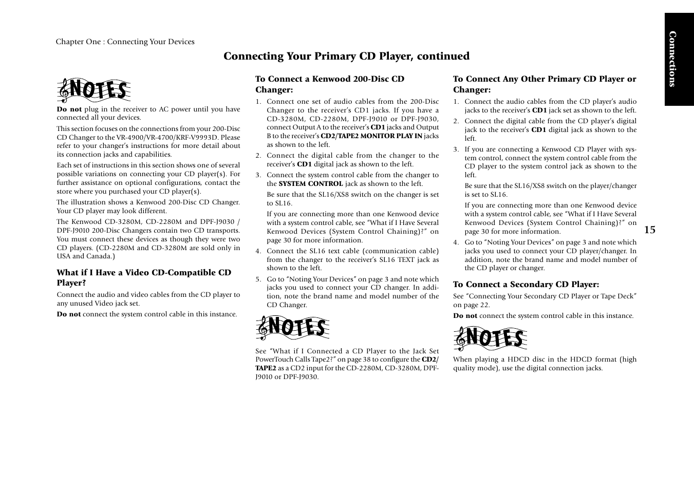 What if i have a video cd-compatible cd player, To connect a kenwood 200-disc cd changer, To connect any other primary cd player or changer | To connect a secondary cd player, Connecting your primary cd player, continued | Kenwood KRF-V9993D User Manual | Page 21 / 62