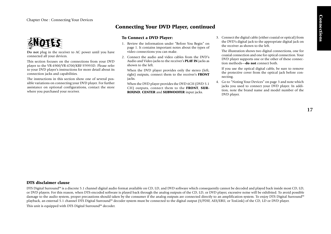 To connect a dvd player, Connecting your dvd player, continued | Kenwood KRF-V9993D User Manual | Page 23 / 62