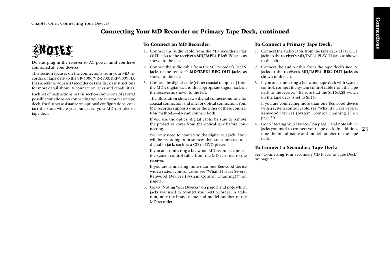 To connect an md recorder, To connect a primary tape deck, To connect a secondary tape deck | Kenwood KRF-V9993D User Manual | Page 27 / 62