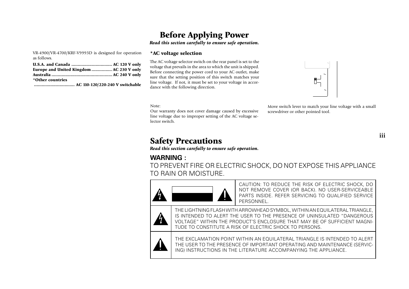 Before applying power, Safety precautions | Kenwood KRF-V9993D User Manual | Page 3 / 62