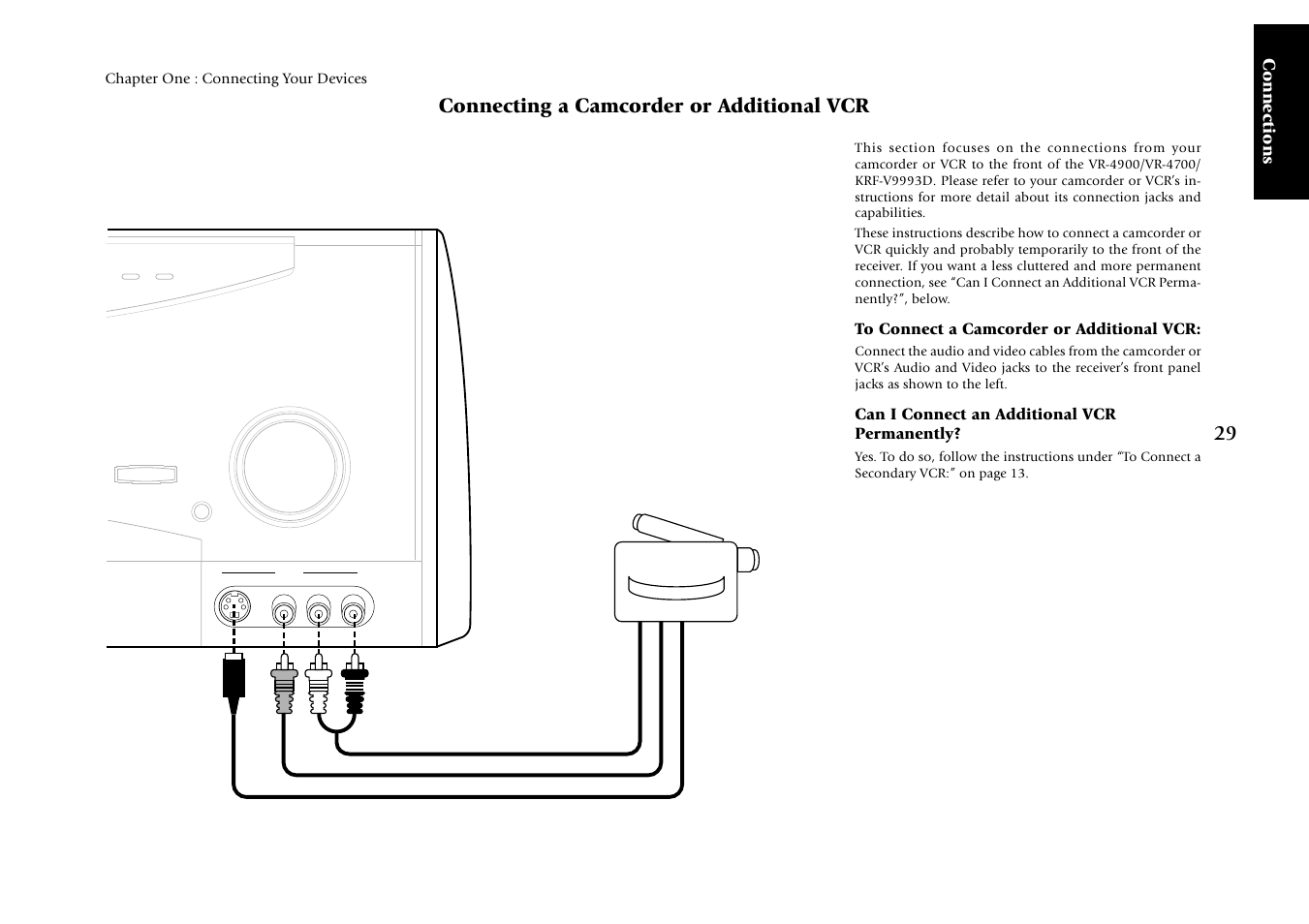 Connecting a camcorder or additional vcr, To connect a camcorder or additional vcr, Can i connect an additional vcr permanently | Connections | Kenwood KRF-V9993D User Manual | Page 35 / 62