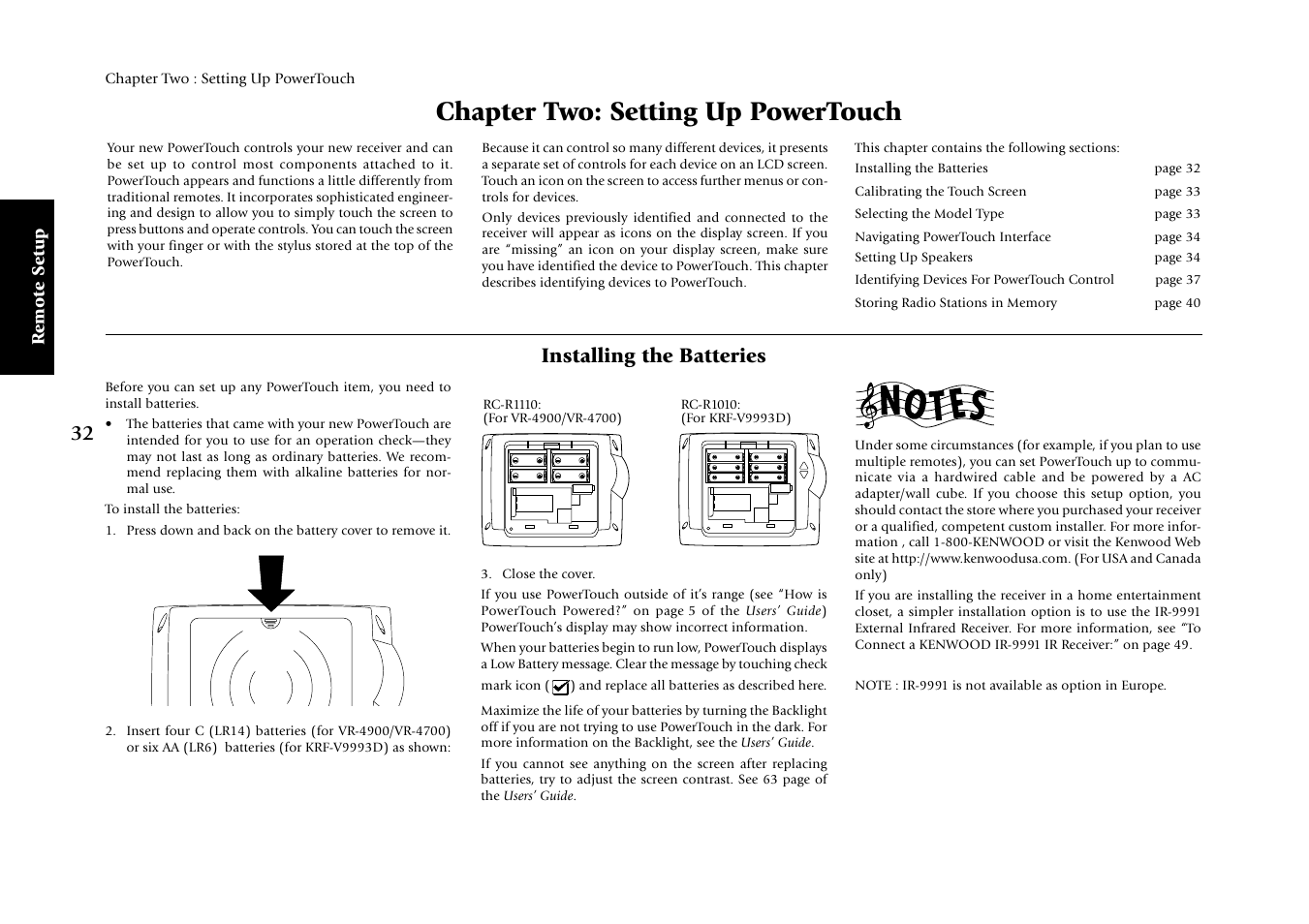 Chapter two: setting up powertouch, Installing the batteries | Kenwood KRF-V9993D User Manual | Page 38 / 62