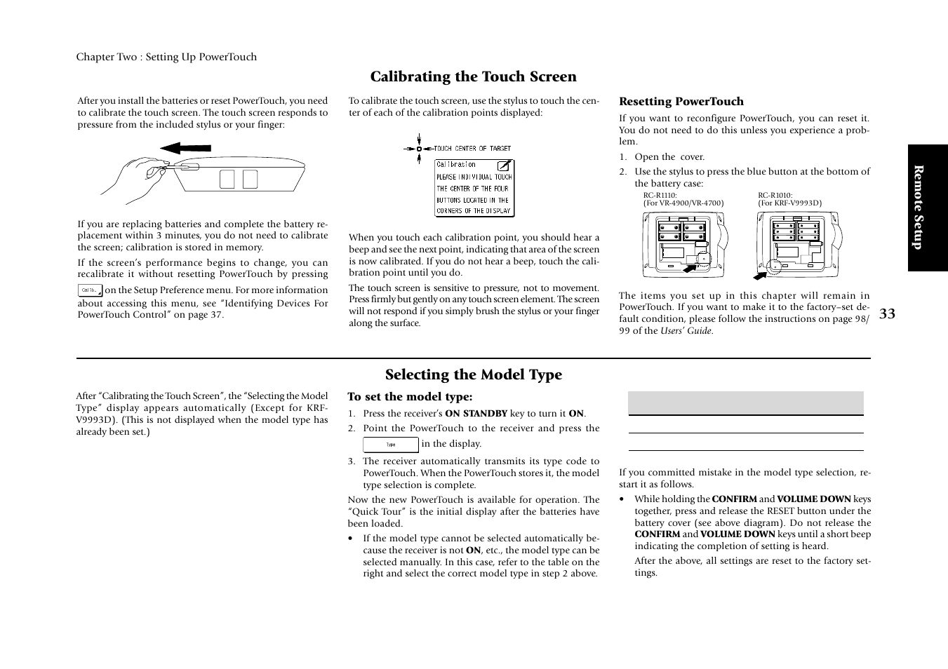Calibrating the touch screen, Resetting powertouch, Selecting the model type | Reset | Kenwood KRF-V9993D User Manual | Page 39 / 62
