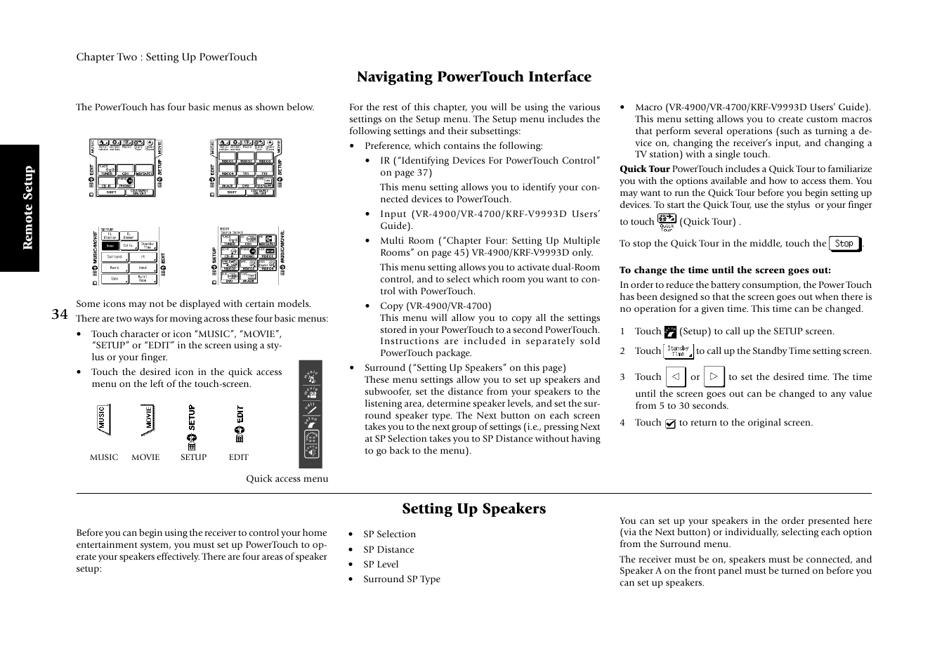 Navigating powertouch interface, Setting up speakers, Remote setup | Kenwood KRF-V9993D User Manual | Page 40 / 62