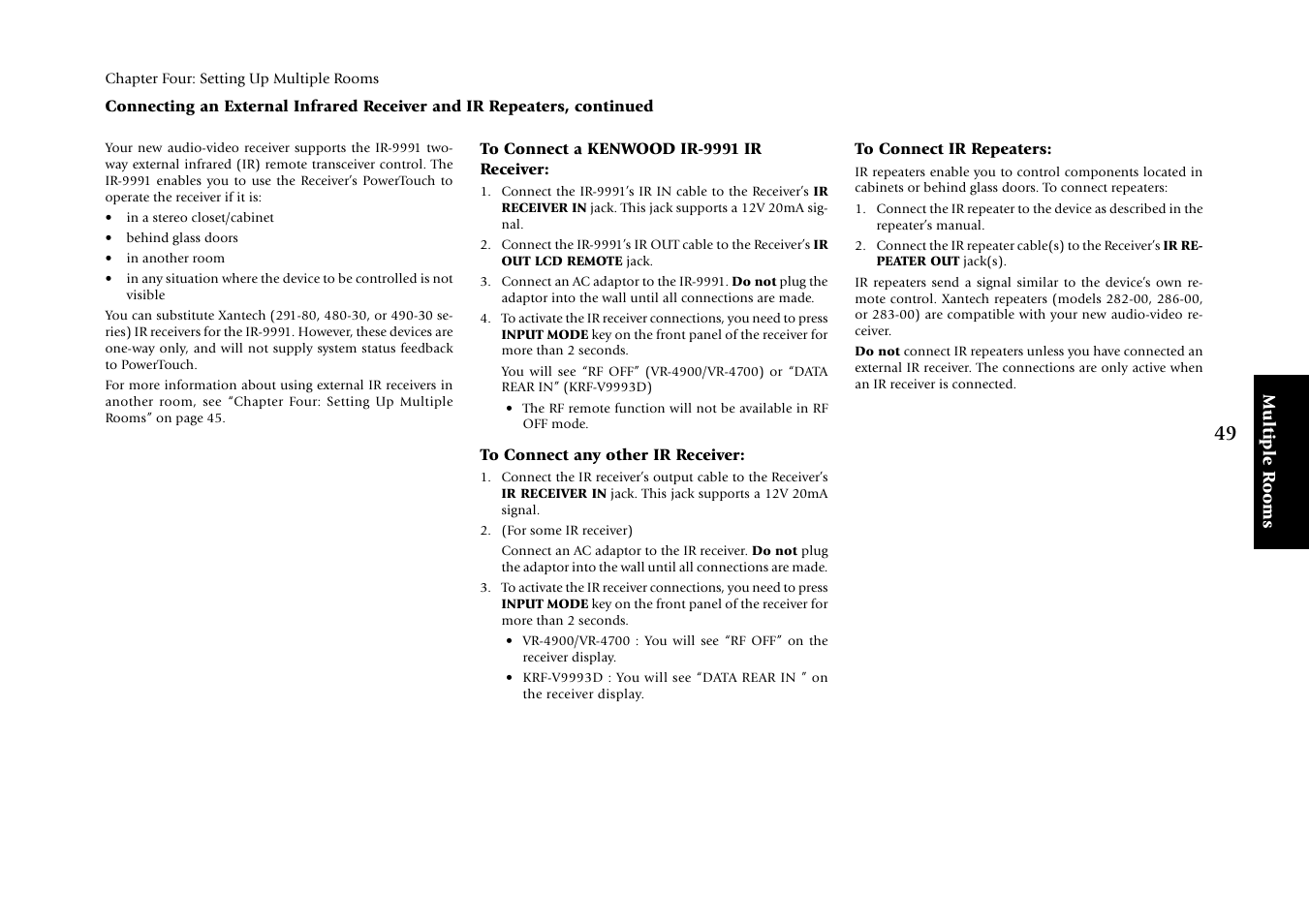 To connect a kenwood ir-9991 ir receiver, To connect any other ir receiver, To connect ir repeaters | Kenwood KRF-V9993D User Manual | Page 55 / 62
