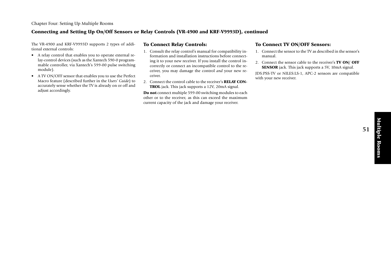 To connect relay controls, To connect tv on/off sensors | Kenwood KRF-V9993D User Manual | Page 57 / 62