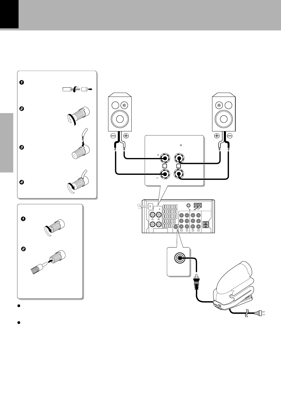 Connection of speakers, R-se9t, 1 cord preparation. 2 loosen. 3 insert. 4 secure | Speaker (left) (6-16 ω ) · ª ª, 1 secure. 2 insert, Connection of banana plugs | Kenwood X-SE9 User Manual | Page 12 / 56