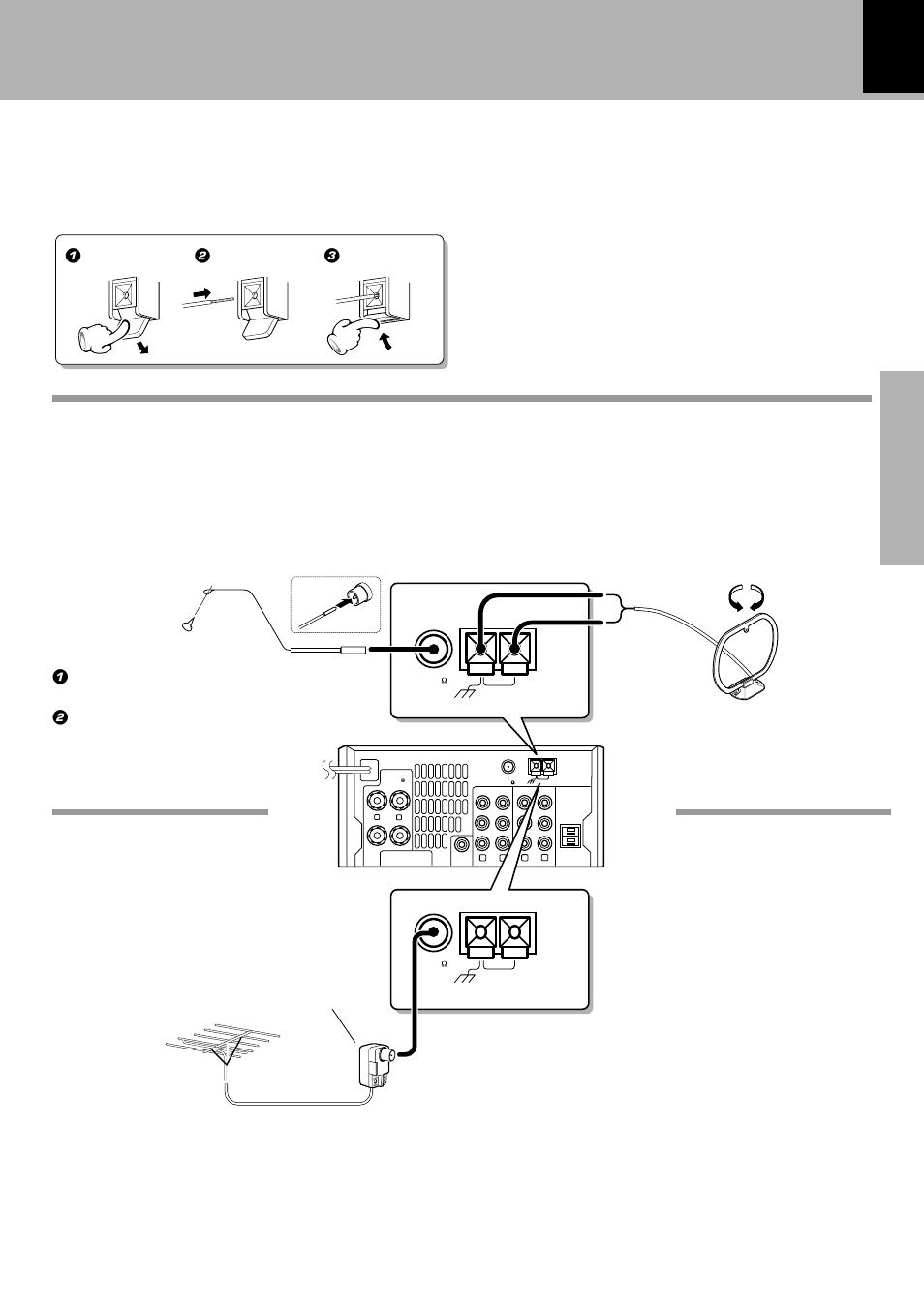System connection, Antenna connection, Connection of the accessory antenna | Fm indoor antenna, Am loop antenna, Fm outdoor antenna, R-se9t | Kenwood X-SE9 User Manual | Page 9 / 56