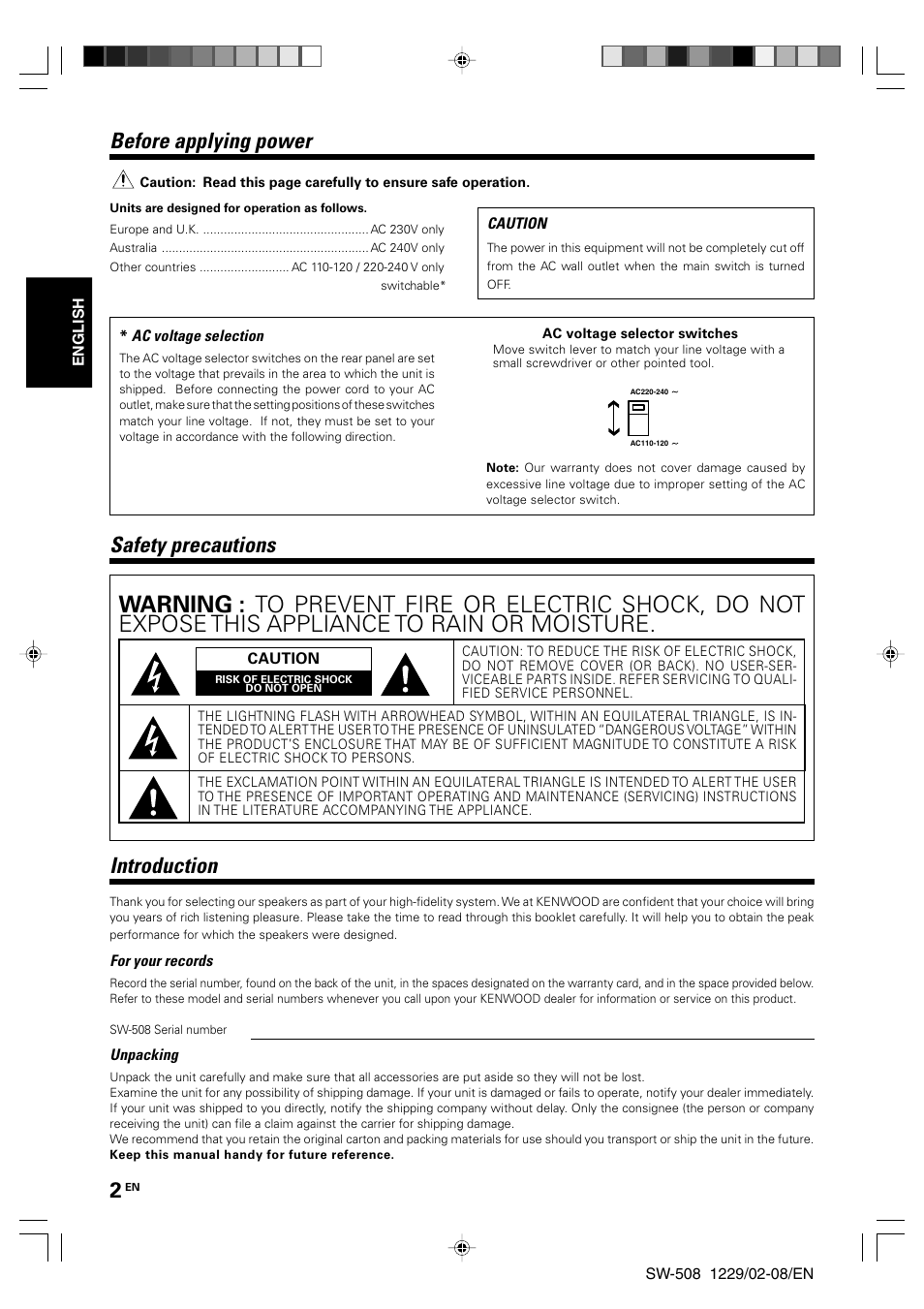 Before applying power, Safety precautions, Introduction | Kenwood SW-508 User Manual | Page 2 / 8