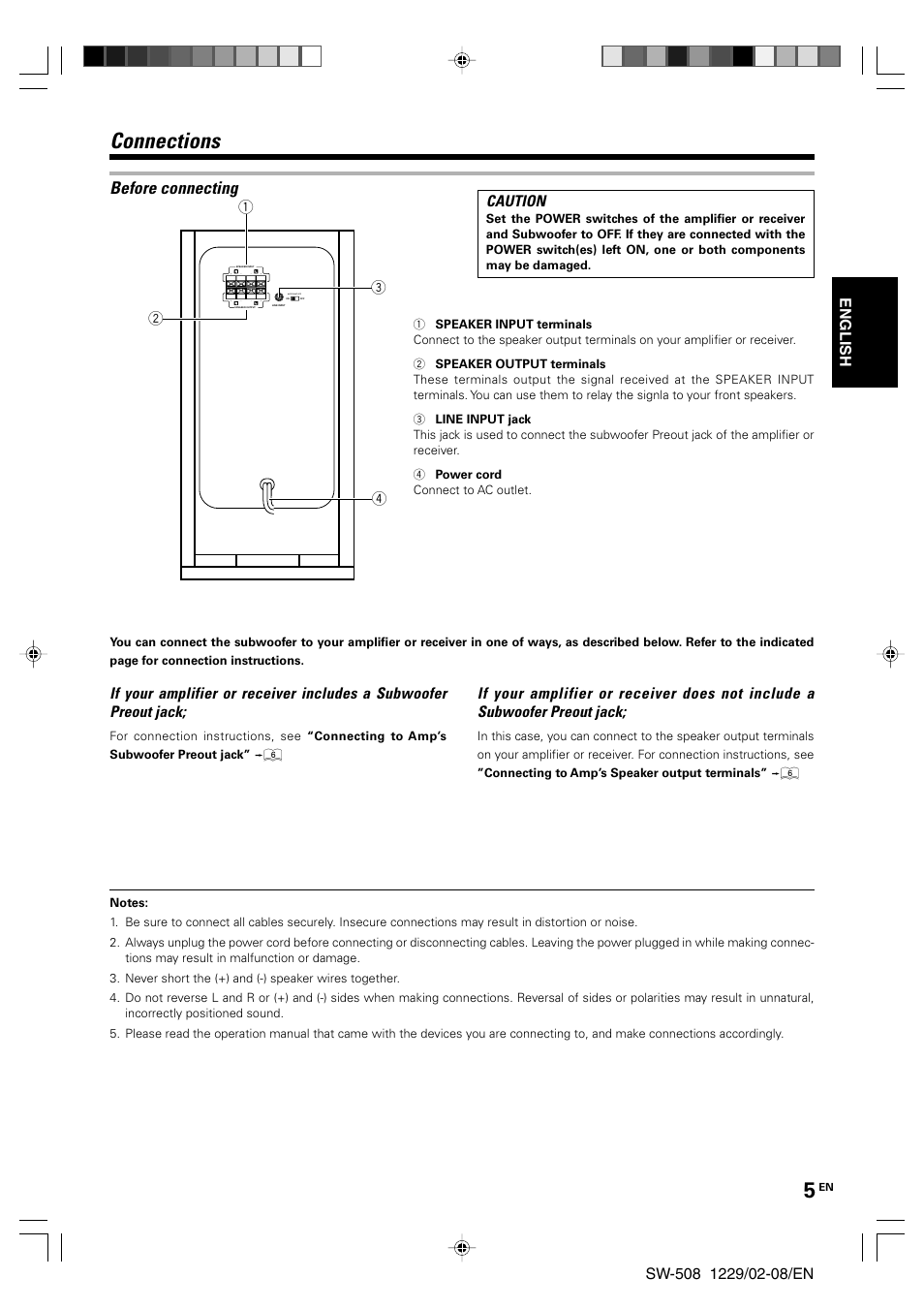 Connections, Before connecting, English | Caution | Kenwood SW-508 User Manual | Page 5 / 8