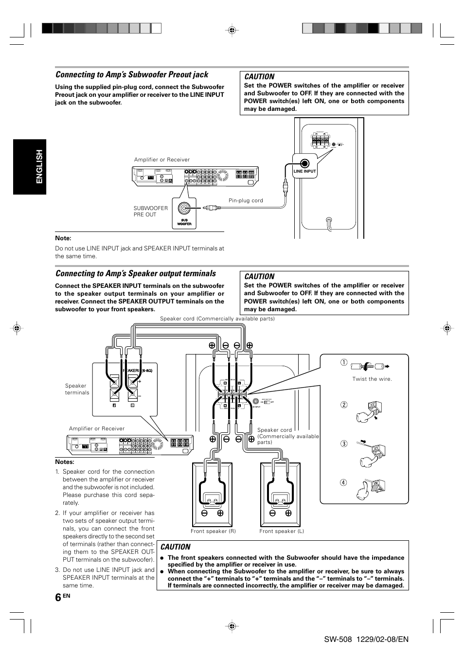 Connecting to amp’s subwoofer preout jack, Connecting to amp’s speaker output terminals, English | Caution | Kenwood SW-508 User Manual | Page 6 / 8