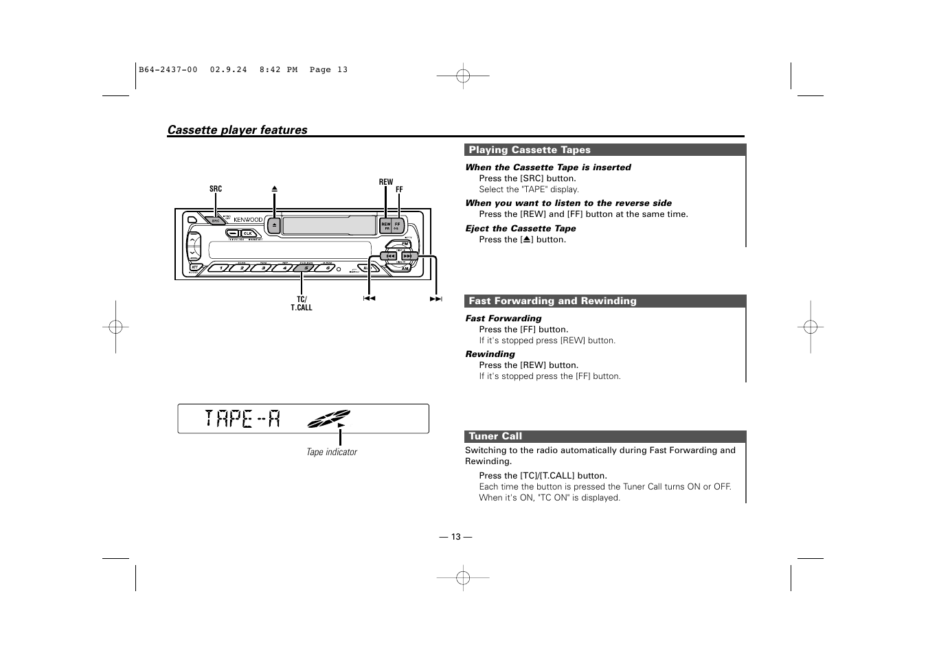 Cassette player features | Kenwood KRC-17A  EN User Manual | Page 13 / 28