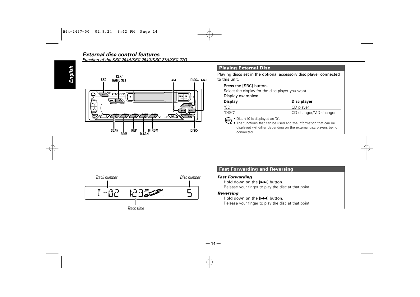 External disc control features | Kenwood KRC-17A  EN User Manual | Page 14 / 28