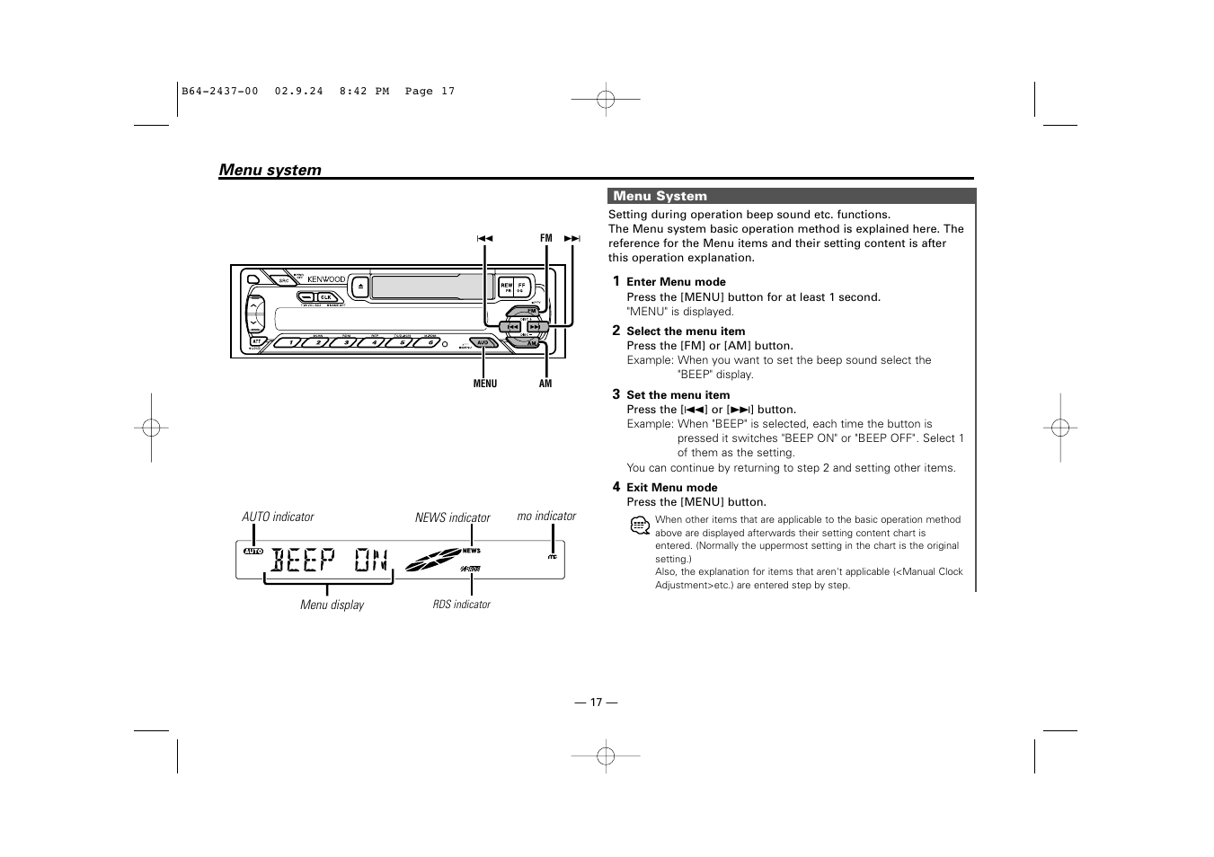 Menu system | Kenwood KRC-17A  EN User Manual | Page 17 / 28