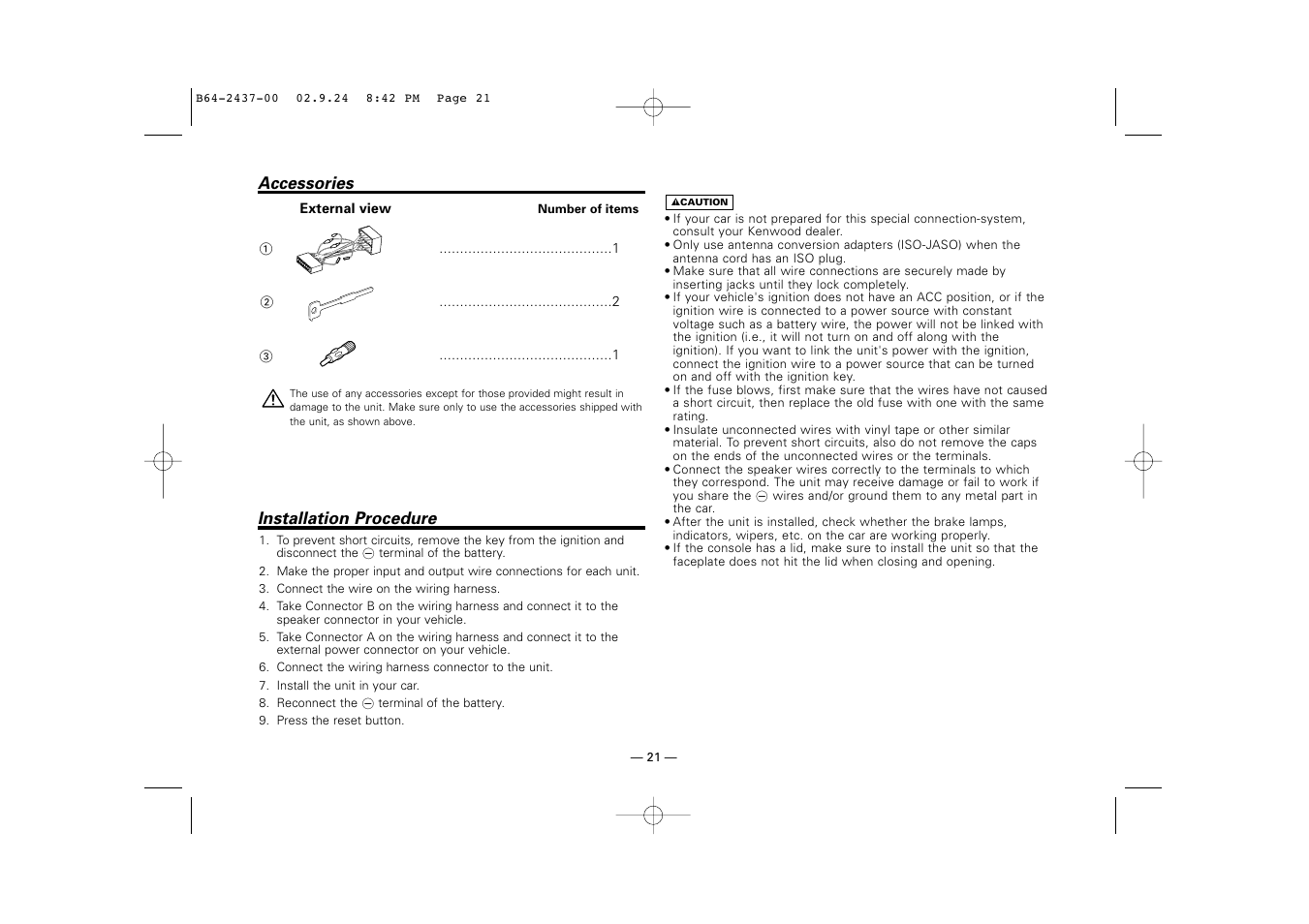 Accessories, Installation procedure | Kenwood KRC-17A  EN User Manual | Page 21 / 28