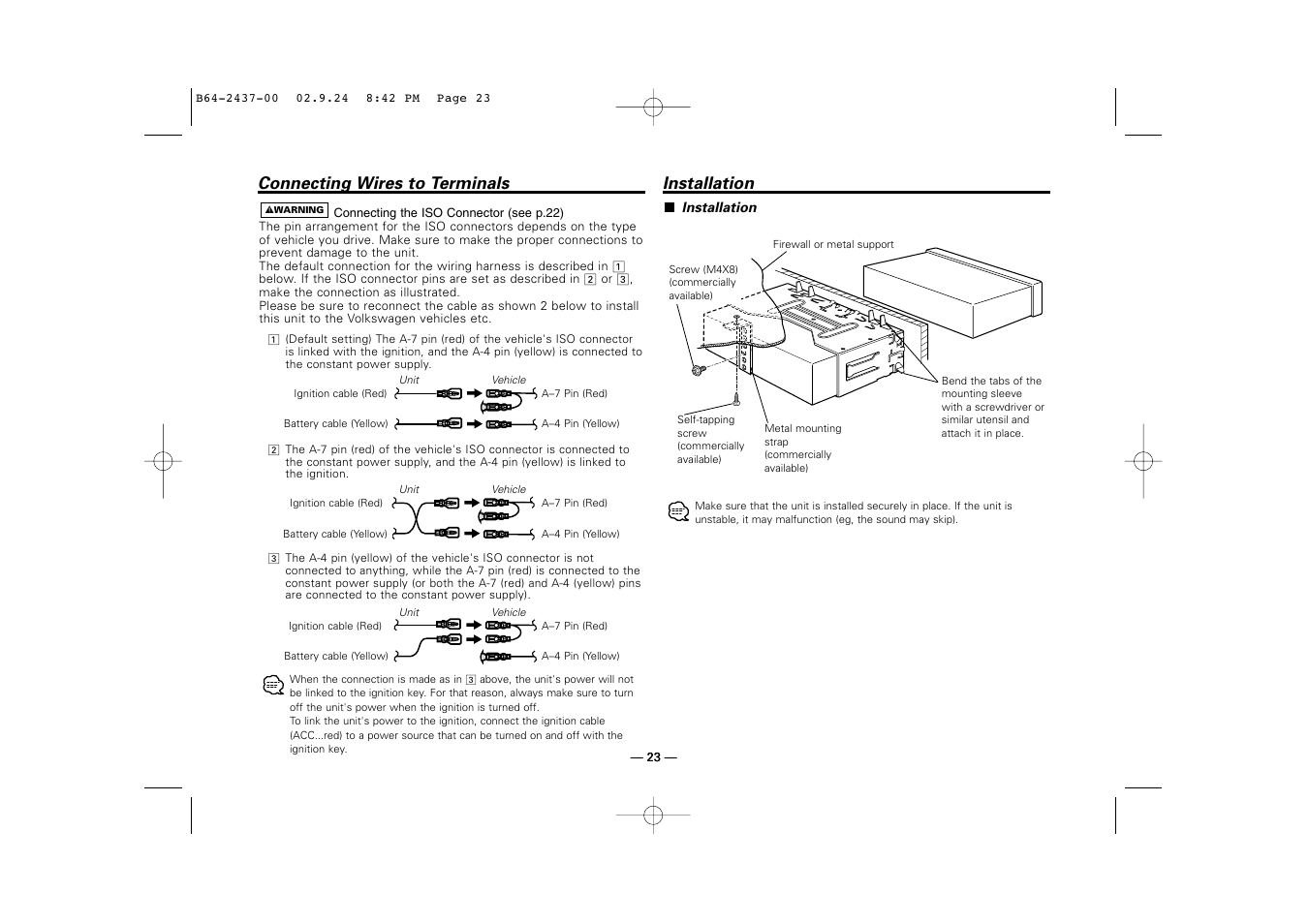 Installation, Connecting wires to terminals installation | Kenwood KRC-17A  EN User Manual | Page 23 / 28