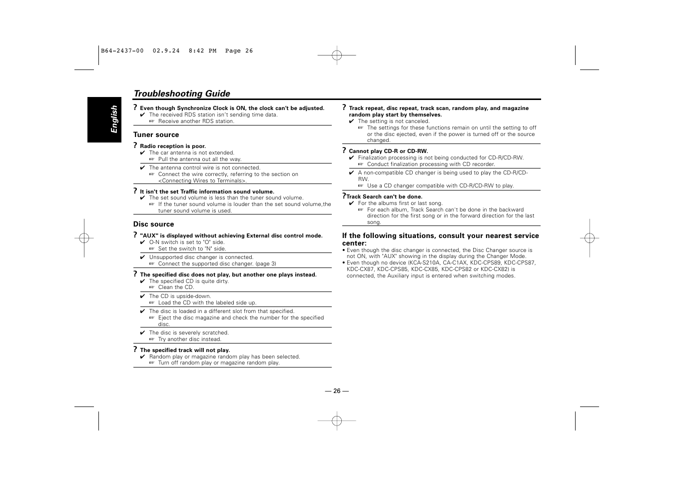 Troubleshooting guide | Kenwood KRC-17A  EN User Manual | Page 26 / 28