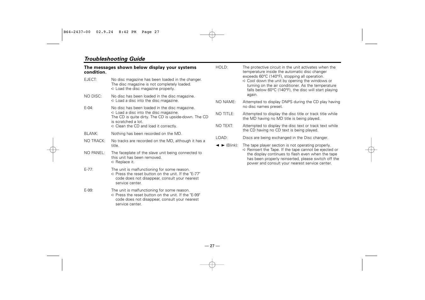 Troubleshooting guide | Kenwood KRC-17A  EN User Manual | Page 27 / 28