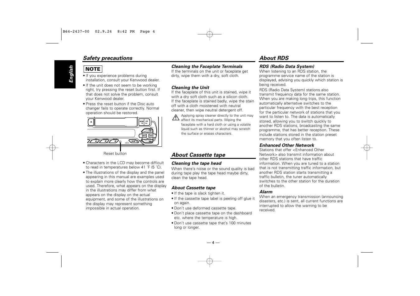 About cassette tape, About rds | Kenwood KRC-17A  EN User Manual | Page 4 / 28