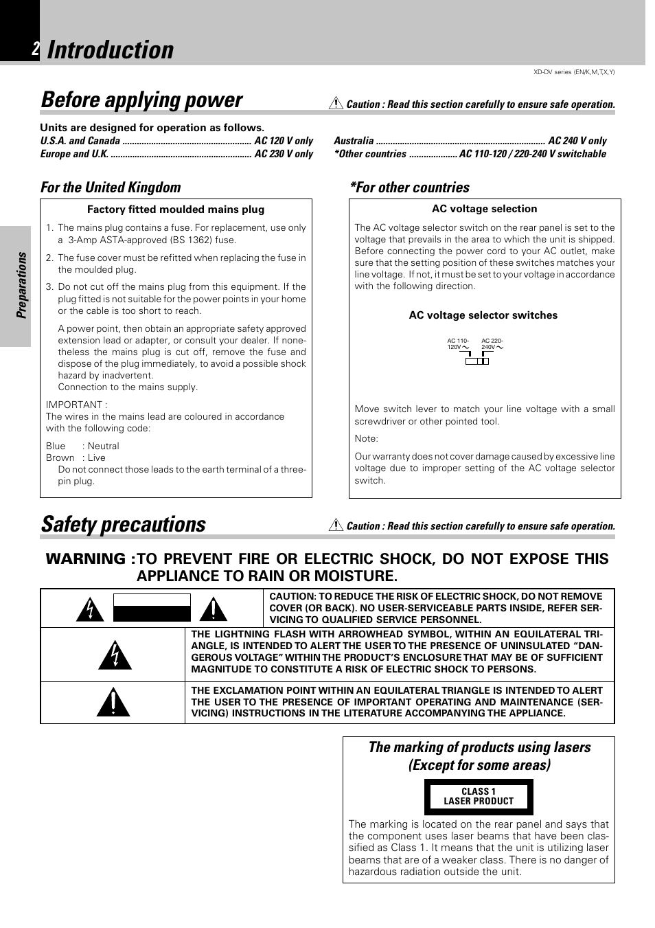 Introduction, Safety precautions, Before applying power | For the united kingdom, For other countries | Kenwood XD-DV90 User Manual | Page 2 / 72
