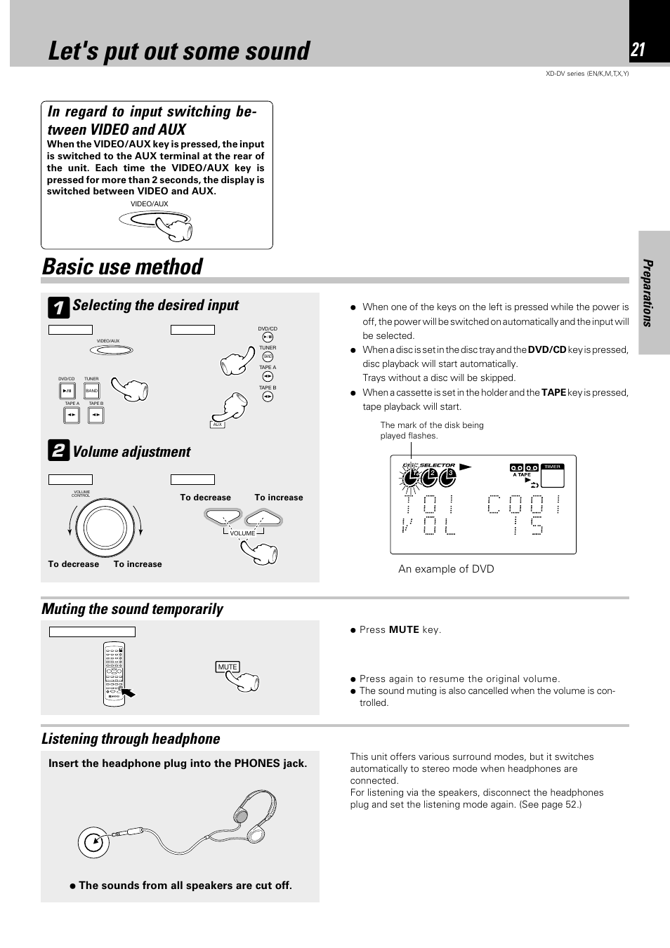 Let's put out some sound, Basic use method, Selecting the desired input volume adjustment | Preparations | Kenwood XD-DV90 User Manual | Page 21 / 72