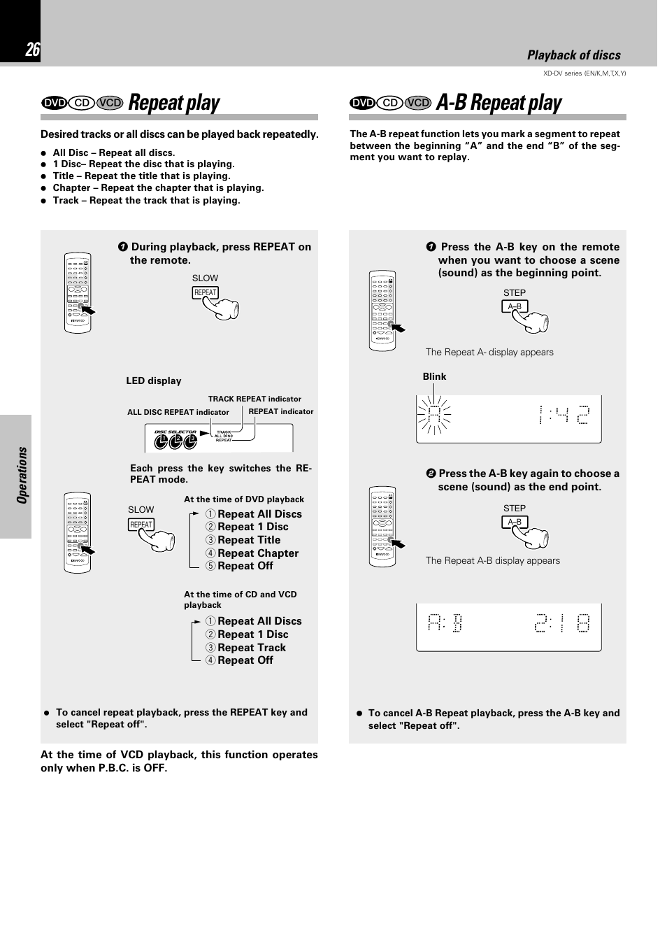 Repeat play, A-b repeat play, Operations | Playback of discs | Kenwood XD-DV90 User Manual | Page 26 / 72