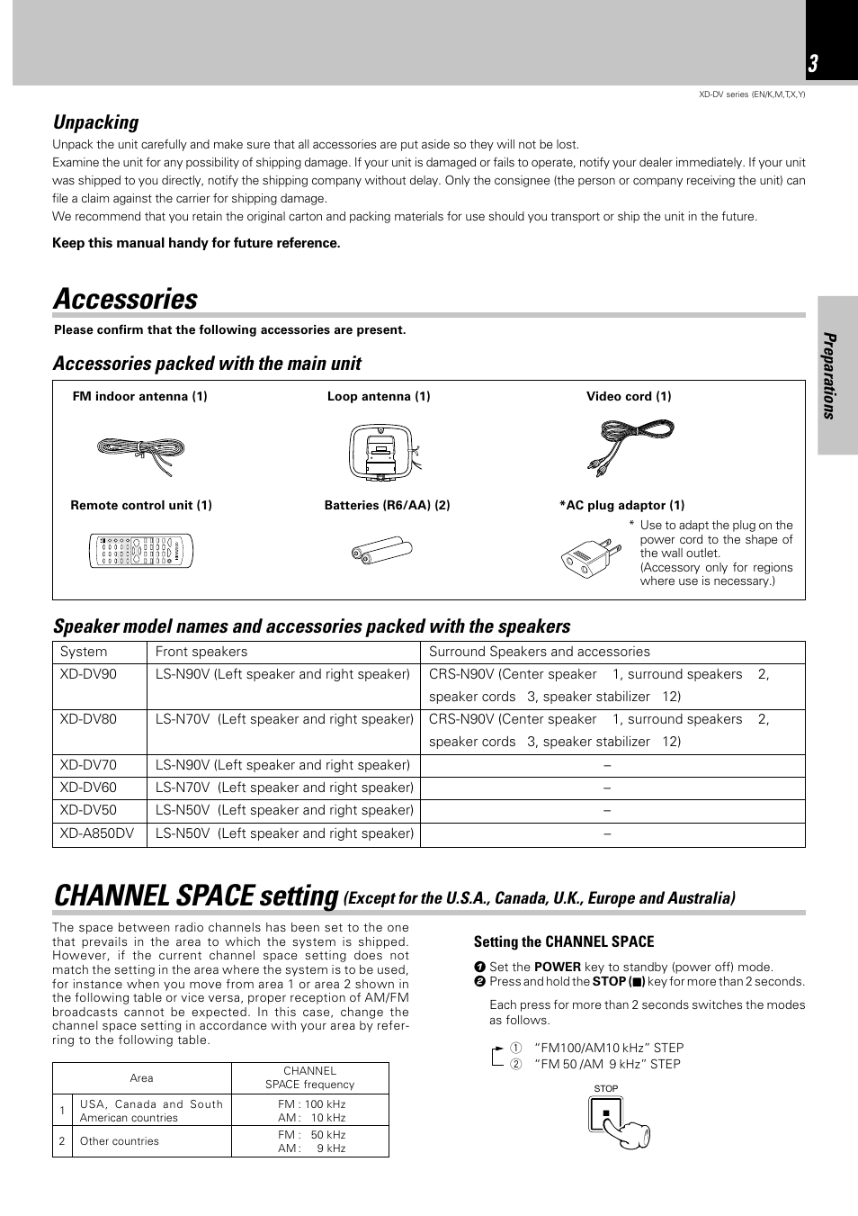 Accessories, Channel space setting, Unpacking | Preparations | Kenwood XD-DV90 User Manual | Page 3 / 72