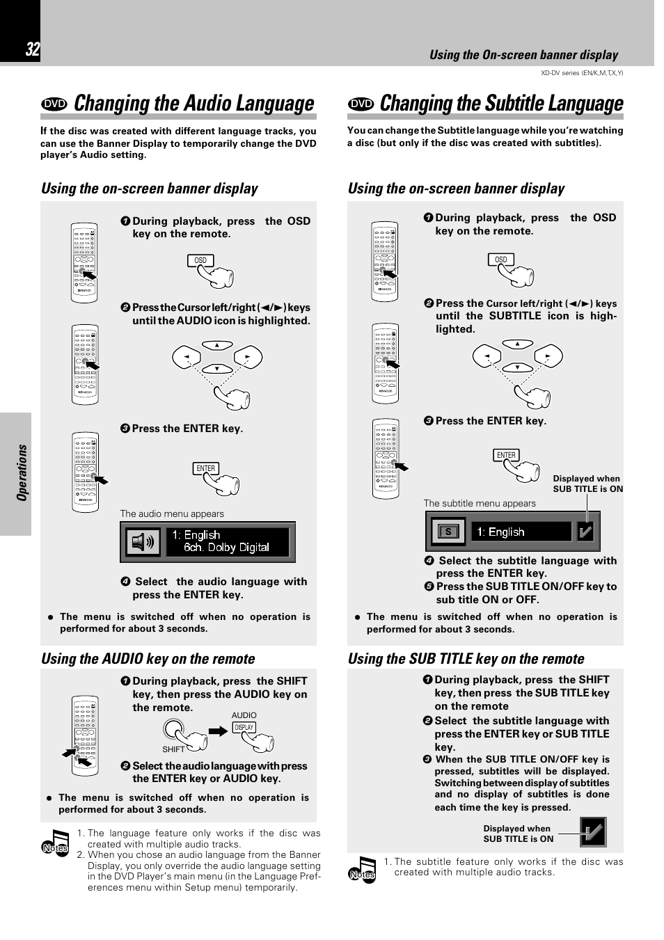 Changing the audio language, Changing the subtitle language, Using the on-screen banner display | Operations | Kenwood XD-DV90 User Manual | Page 32 / 72