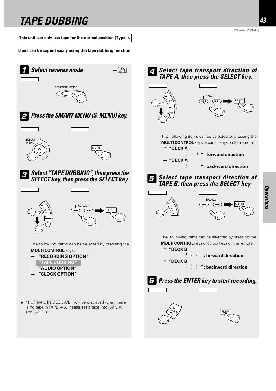 Tape dubbing, Select reveres mode, Press the smart menu (s. menu) key | Press the enter key to stert recording, Operations | Kenwood XD-DV90 User Manual | Page 43 / 72