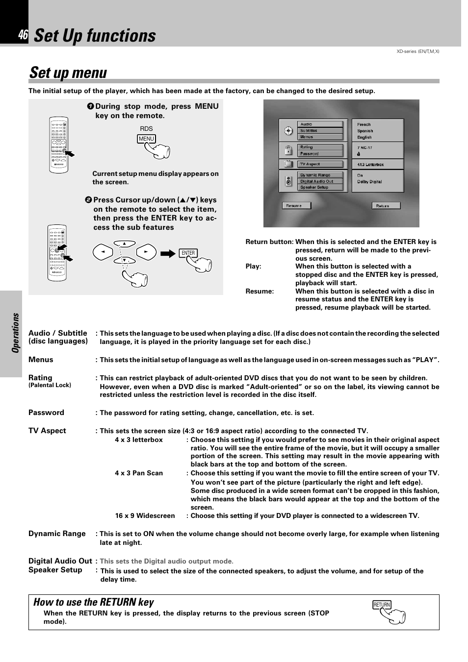 Set up functions, Set up menu, How to use the return key | Operations | Kenwood XD-DV90 User Manual | Page 46 / 72