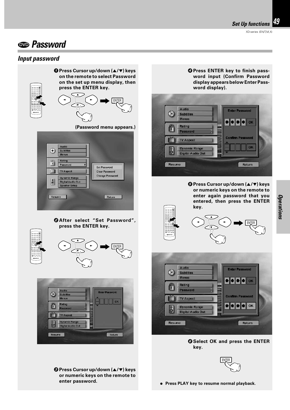 Password, Input password, Operations | Set up functions | Kenwood XD-DV90 User Manual | Page 49 / 72