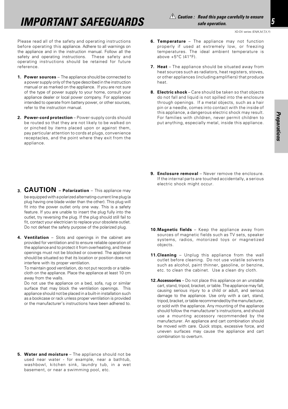 Important safeguards, Caution, Preparations | Kenwood XD-DV90 User Manual | Page 5 / 72