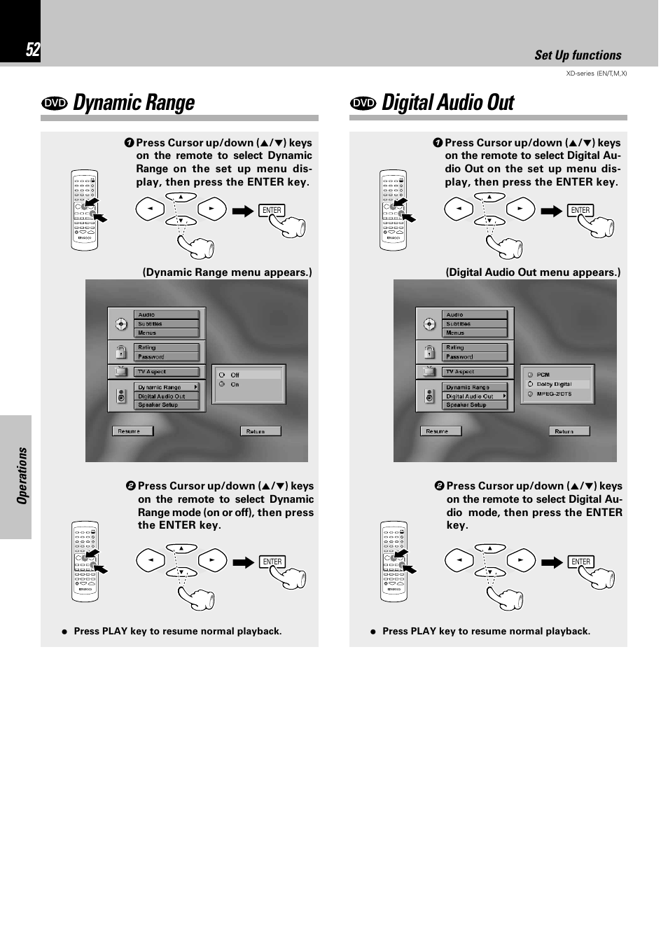 Dynamic range, Digital audio out, Operations | Set up functions | Kenwood XD-DV90 User Manual | Page 52 / 72