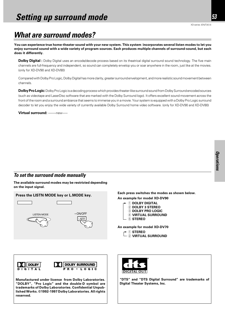 Setting up surround mode, What are surround modes, Operations | Kenwood XD-DV90 User Manual | Page 53 / 72