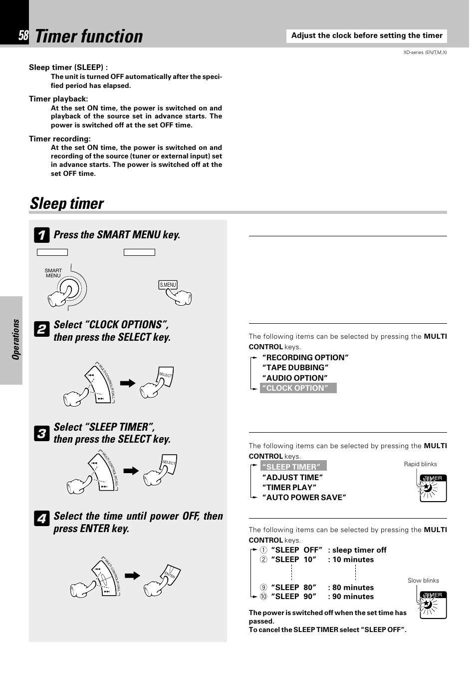 Timer function, Sleep timer, Operations | Adjust the clock before setting the timer, Sleep timer (sleep), Timer playback, Timer recording | Kenwood XD-DV90 User Manual | Page 58 / 72