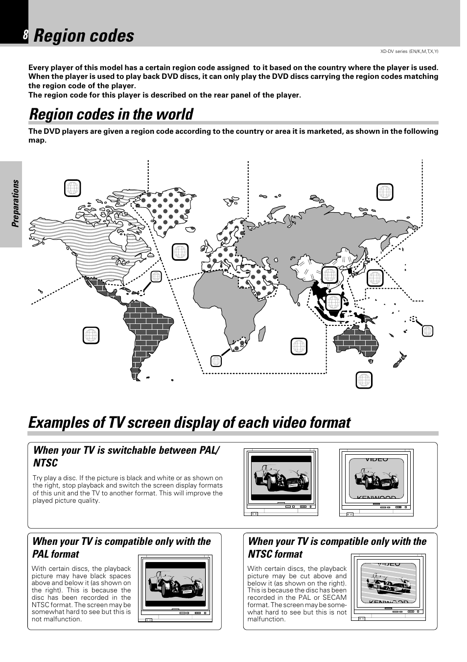 Region codes, Region codes in the world, Examples of tv screen display of each video format | Kenwood XD-DV90 User Manual | Page 8 / 72