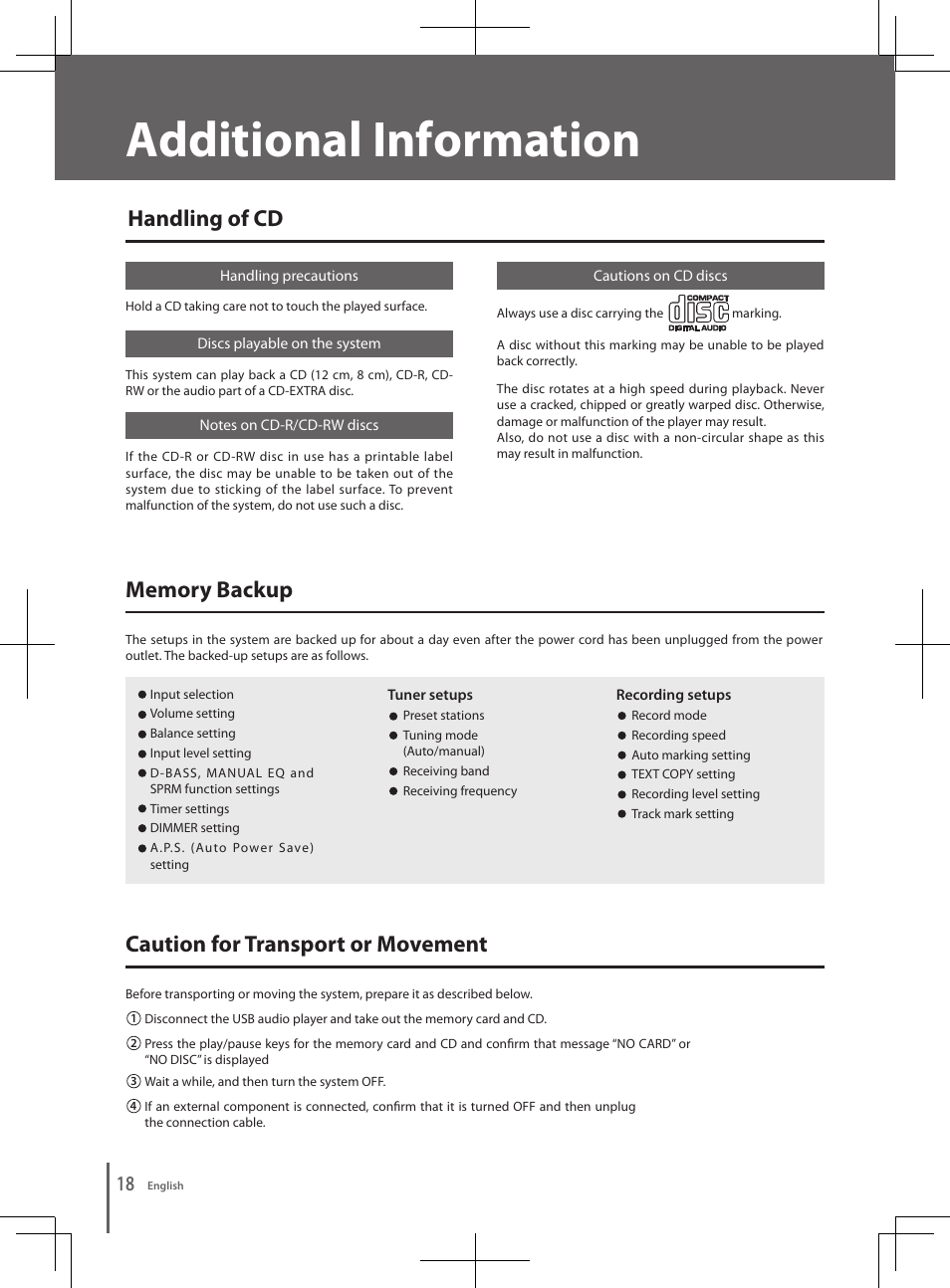 Additional information, Caution for transport or movement, Handling of cd | Kenwood K-501USB User Manual | Page 18 / 28