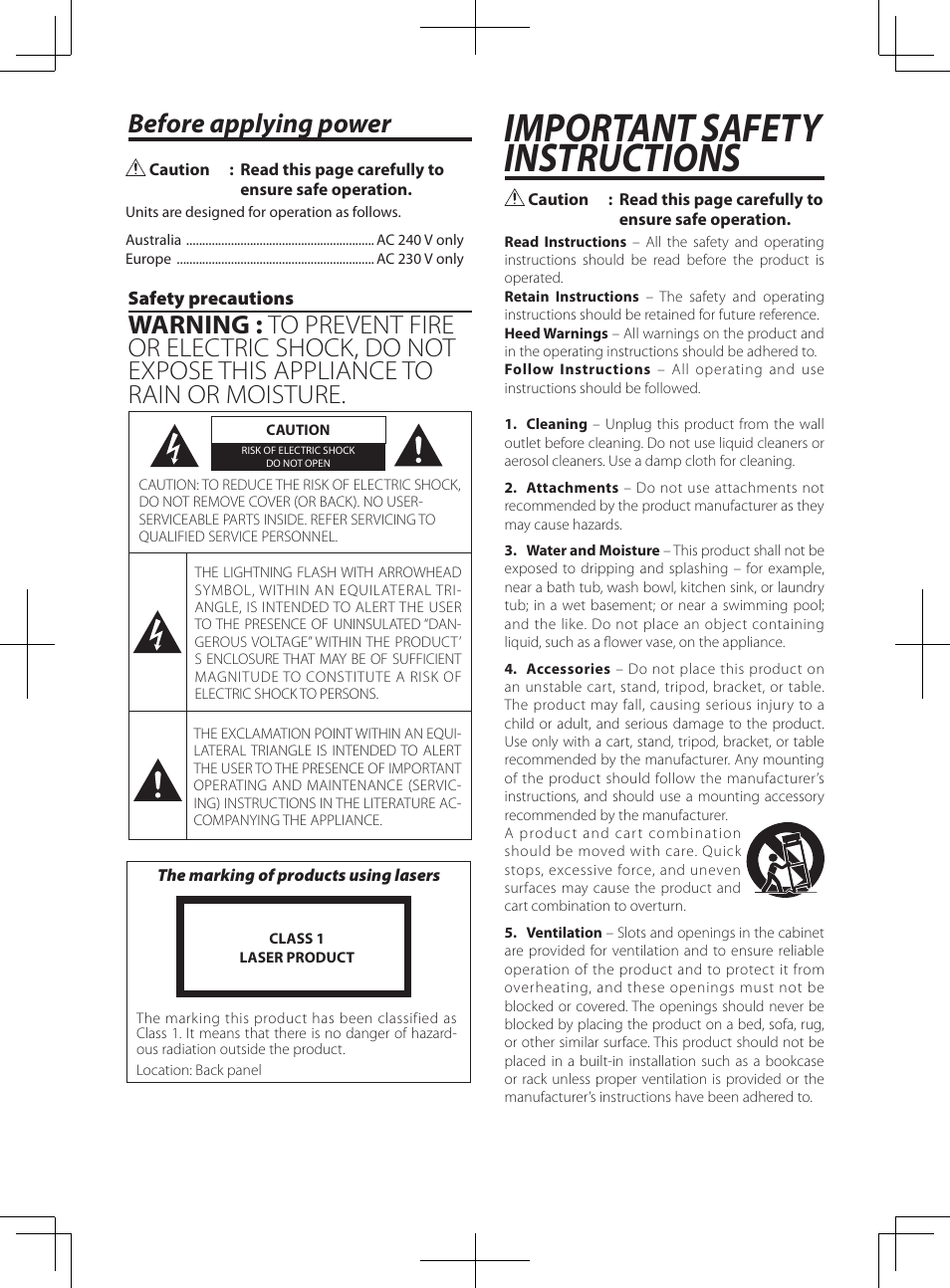 Important safety instructions, Before applying power | Kenwood K-501USB User Manual | Page 2 / 28