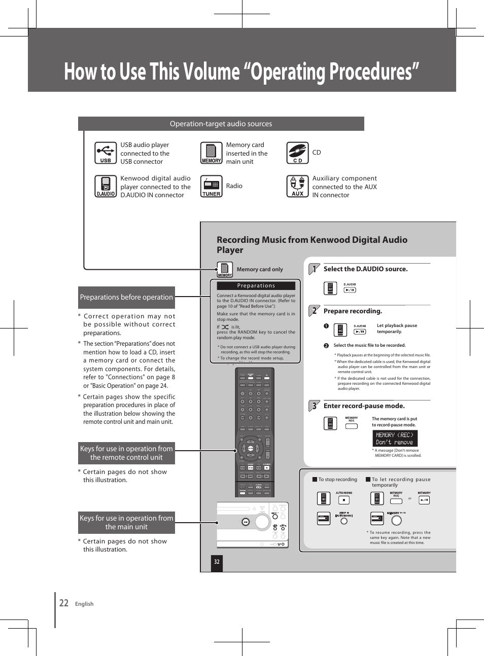 How to use this volume “operating procedures, Recording music from kenwood digital audio player | Kenwood K-501USB User Manual | Page 22 / 28