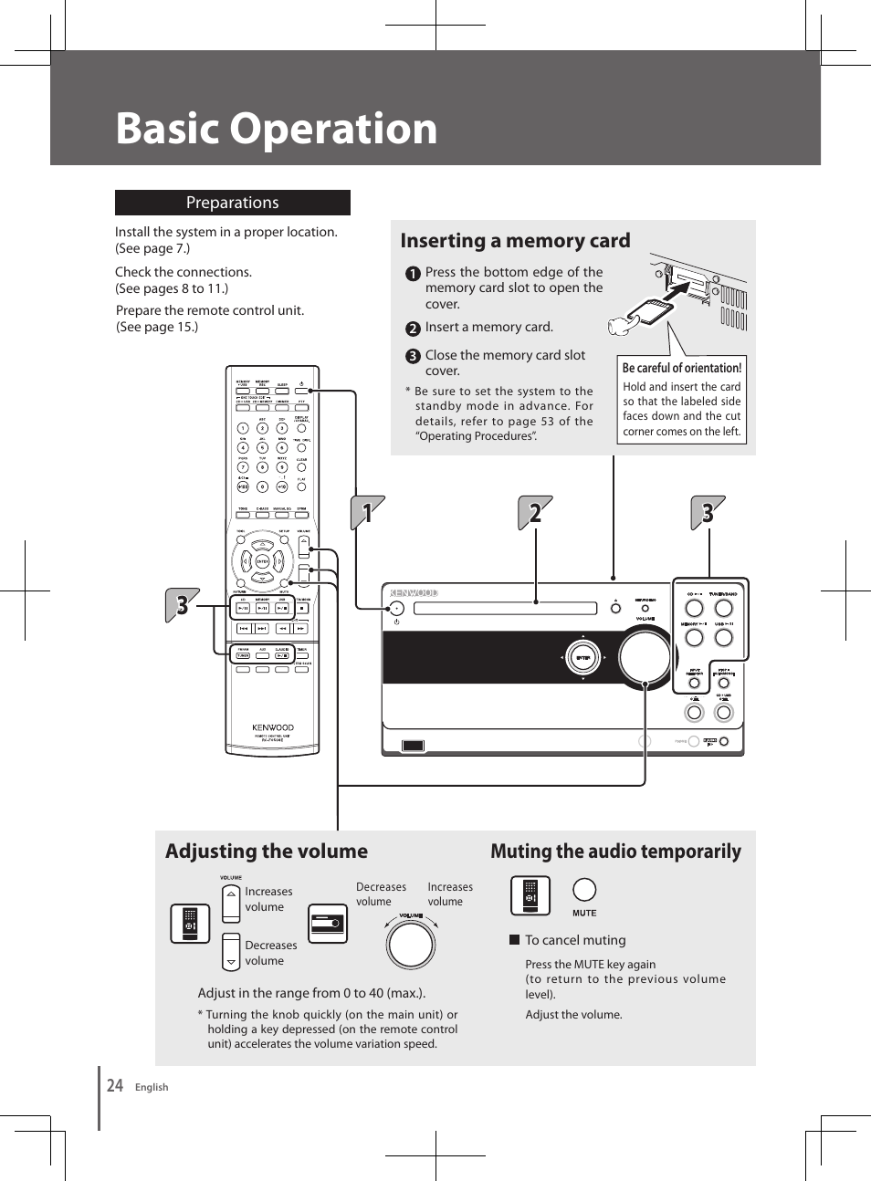 Basic operation, Adjusting the volume, Muting the audio temporarily | Kenwood K-501USB User Manual | Page 24 / 28